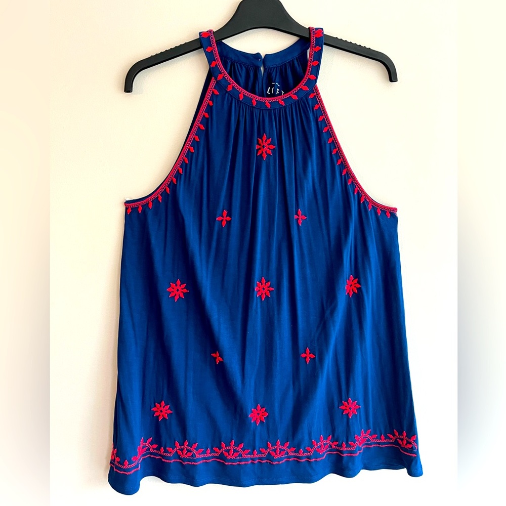 Ann Taylor Loft Blue and Red Embroidered Women's Top size M